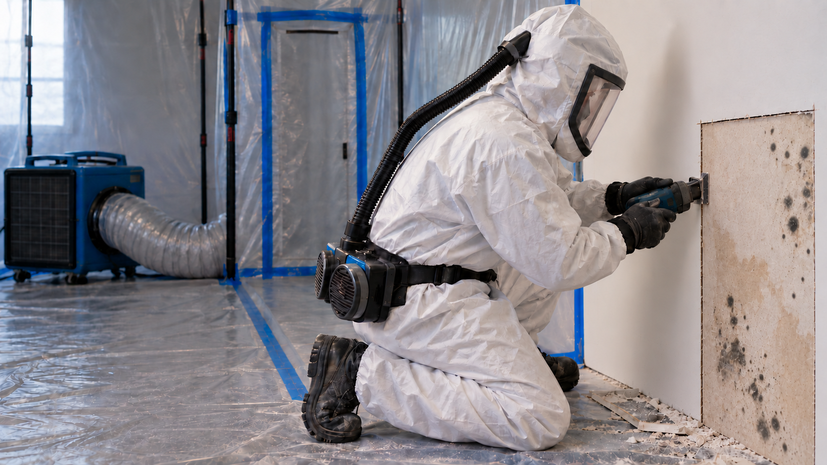 Safe Abate professional removing mold-affected drywall inside a controlled containment area